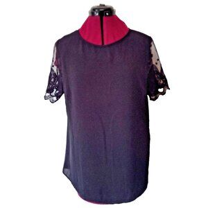 Papermoon Black Blouse L Sheer Lace Embroidered Sleeves Knit Mixed Media